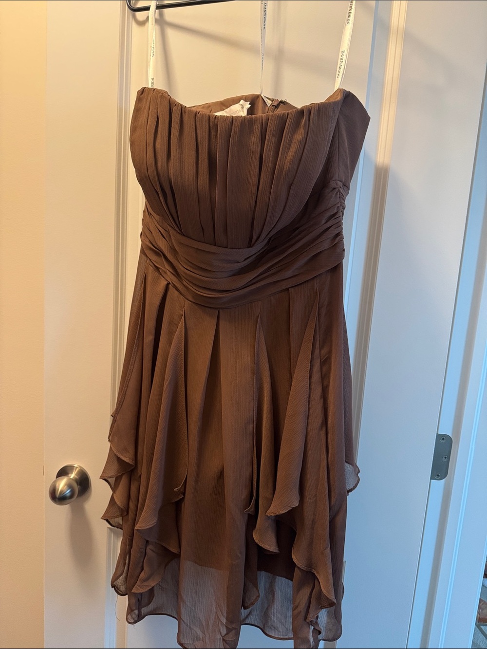 David's Bridal Strapless Chiffon Dress in Brown
